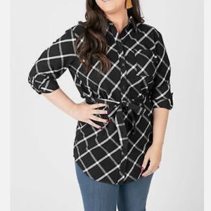 Agnes & Dora black ivory window pane flannel button up tunic top belt size XL